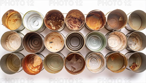 Symbol photo, many empty tin cans, partly crushed, rusty, dirty, on a white background, AI generated, AI generated