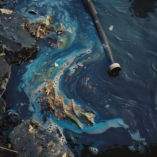 Oily streaks on water surrounded by rubbish indicate an environmental problem, pollution, environmental protection, AI generated