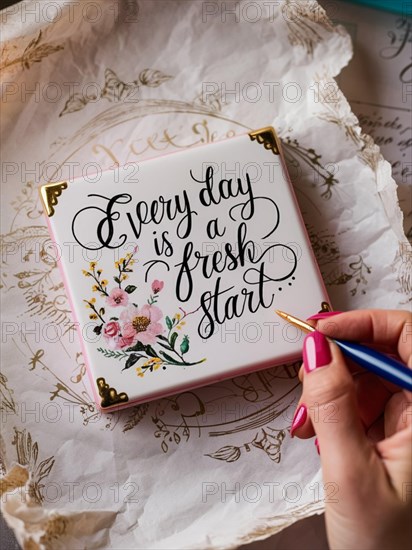 Handcrafted calligraphy piece with the motivational quote 'Every day is a fresh start' and floral accents, AI generated