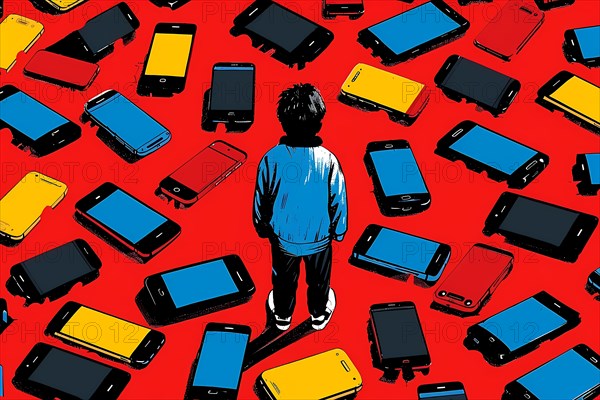 Illustration of a boy standing amid scattered smartphones on a red background, 3D, illustration, AI generated