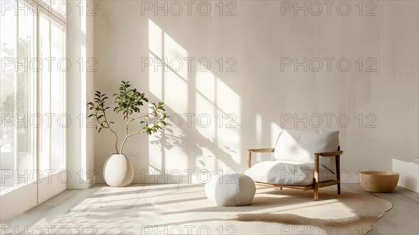 Bright and tranquil space with minimalistic decor, a pot plant, cushion, and sunlight pouring in, AI generated