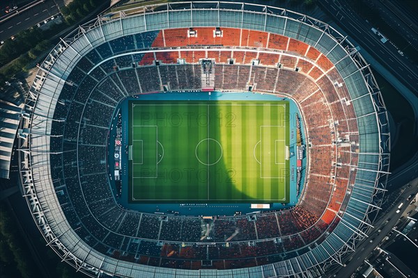 Aerial bird eye top down view of a soccer football field stadium, AI generated