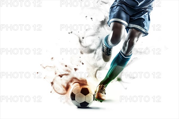 A soccer player dribbles and kicks a ball on a field double exposure style, AI generated