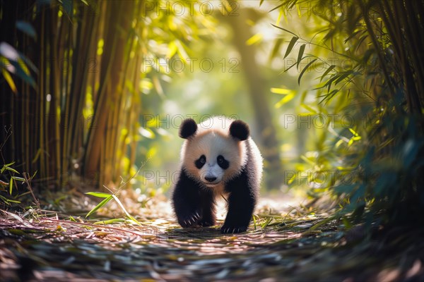 Cute panda cub in a lush bamboo grove, The image showcases the beauty and serenity of nature and wildlife. Endangered species, AI generated