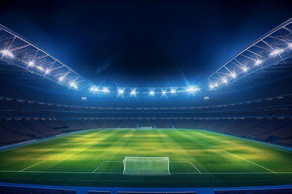 A soccer field with a large crowd of people spectators fans watching the game in evening. The stadium is lit up with bright flood spotlights ready for a match game, AI generated