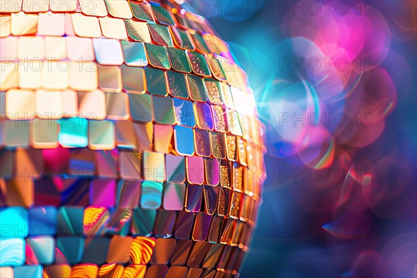 A disco ball is suspended from the ceiling at party in nightclub, reflecting the lights and creating a festive atmosphere, AI generated