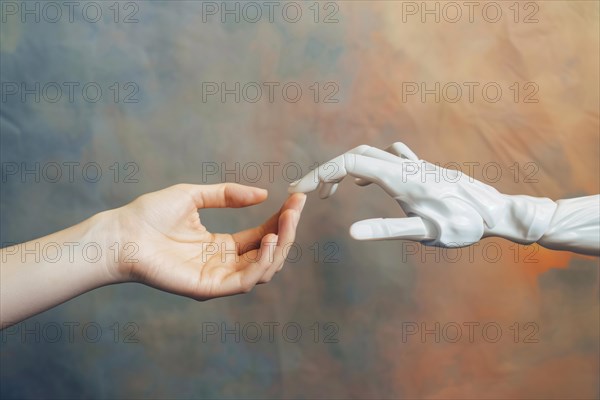 Human hand and white robotic hand reaching towards each other. KI generiert, generiert, AI generated