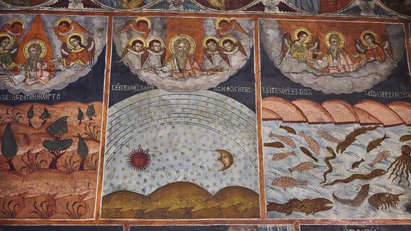 Fresco with scenes from the Christian creation story, including the sun, moon and animals, Panagia Church, St Mary's Church, Lindos village, Rhodes, Dodecanese, Greek Islands, Greece, Europe