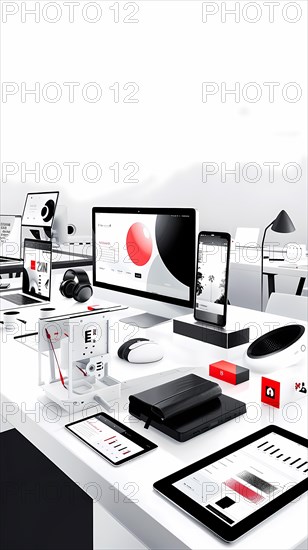 A high-tech array of gadgets in a minimalistic grayscale office with vibrant red accents, illustration, AI generated