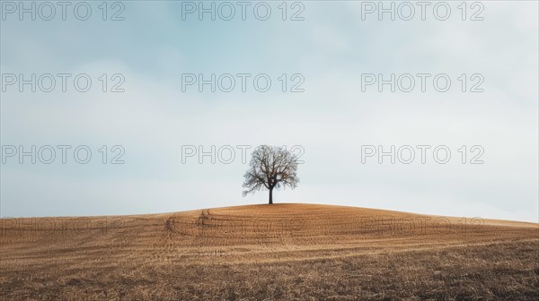 Bare tree on a barren hill under a soft blue sky, reflecting a peaceful winter scene, AI generated