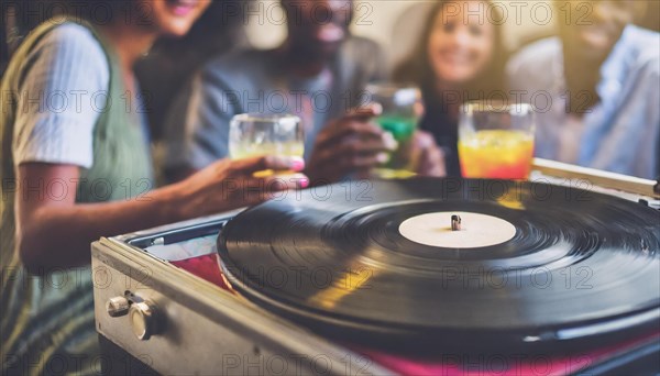 A turntable with a vinyl record at a social gathering, with people and drinks in a warm, blurred background, AI generated
