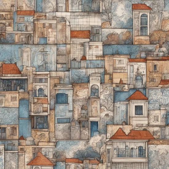 Artistic pattern of densely packed building facades with mix of blue and tan, AI generated