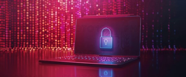 A laptop with a padlock on the screen, concept of cyber security, computer security and protection, AI generated