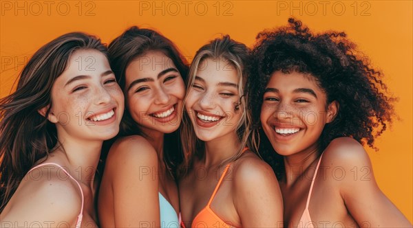 A group of women are smiling and posing for a photo. They are wearing bikinis and hats, AI generated