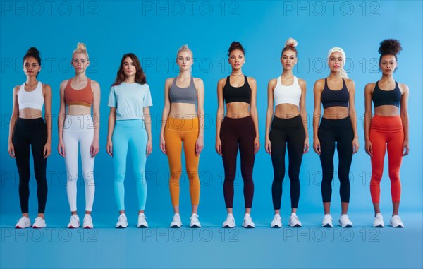 A group of slim attractive athletic women are standing in a row wearing different sportswear, AI generated