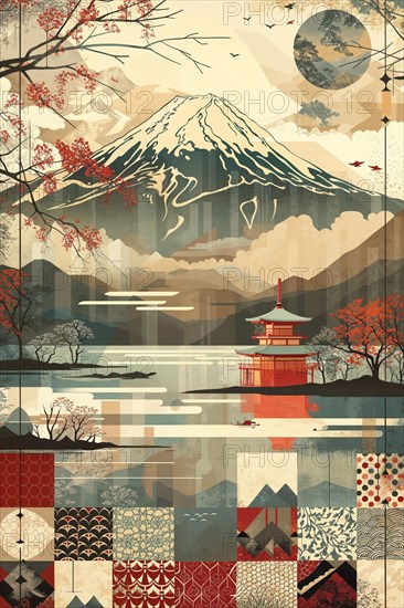 Traditional Japanese depiction of Mount Fuji with temple and cherry blossoms, Japan, AI generated, AI generated, Asia
