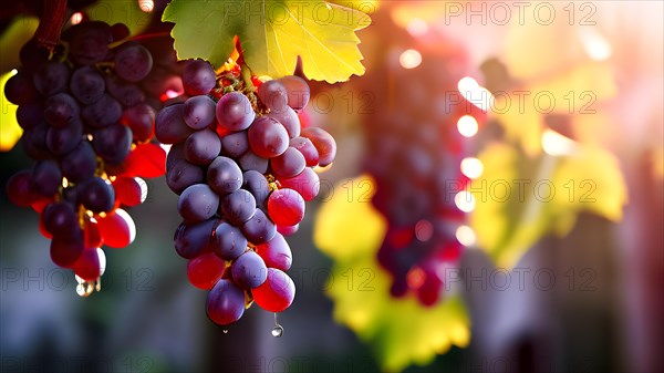 AI generated ripe grapes clinging to a vine sunlight dancing through the leaves accentuating their rich hues