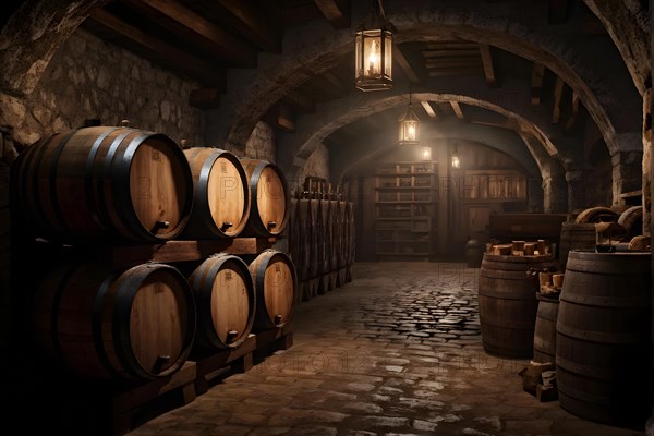 AI generated rustic wine cellar filled with wooden oak barrels