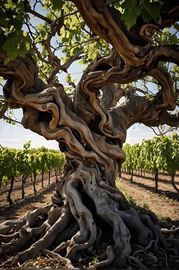 AI generated ancient weather gnarled trunks twisting skyward in a storied vineyard decades