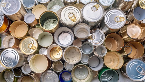 Symbol photo, waste, a large quantity of empty open tinplate cans on a heap, AI generated, AI generated
