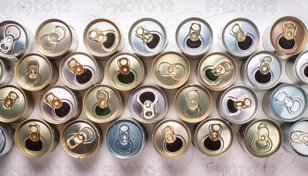 Symbol photo, many empty cans on a white background, AI generated, AI generated