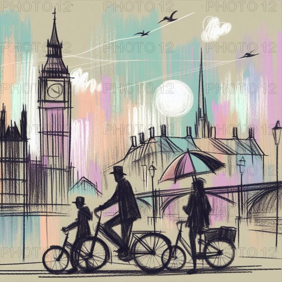 Stylized depiction of a family cycling in London with Big Ben in the background at sunset, AI generated