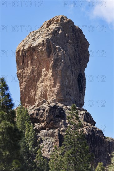 Mighty basalt rock Roque Nublo, also known as Cloud Rock, landmark and highest point of the island of Gran Canaria, Canary Islands, Spain, Europe