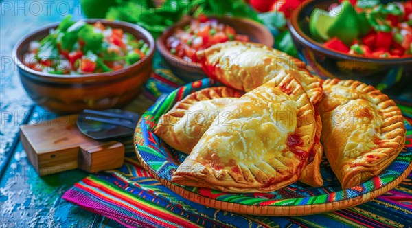 Tasty empanadas on a plate with colorful Mexican cloths as a background. National mexican food, AI generated