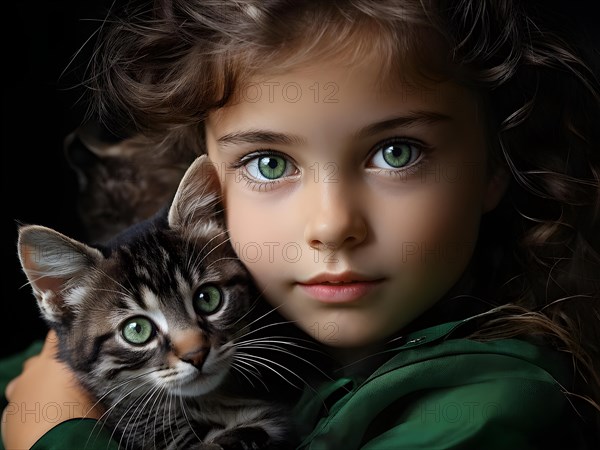 AI generated portrait of a young girl with cute little cat