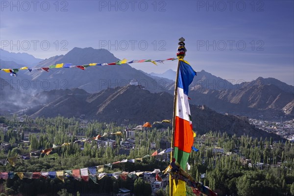 Panorama over Leh and the Namgyal Tsemo Gompa monastery on Tsenmo Hill, a viewpoint over Leh, Ladakh, Jammu and Kashmir, India, Asia