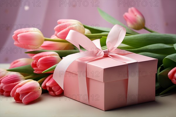 Gift Box with Pink Ribbon Beside bouquet of Fresh Tulips on Bokeh Background. Good for Valentine day, March 8, mother day, spring holidays, birthday designs, AI generated