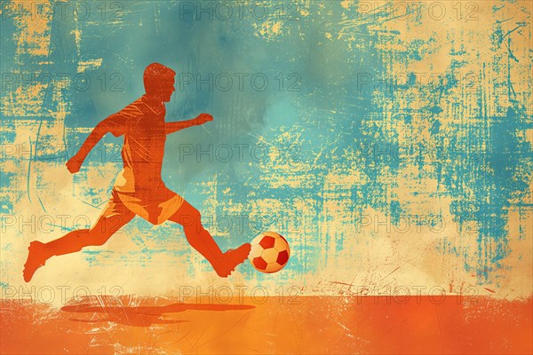 A soccer player dribbles and kicks a soccer ball. Abstract vintage grungy poster style with muted colors, AI generated