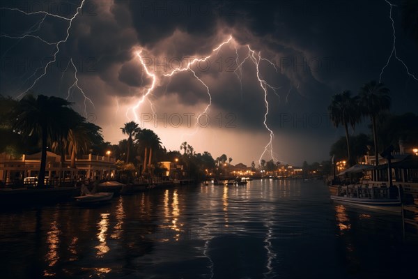 A stormy night with a bright lightning bolt in the sky. The scene is set on a river with boats floating on it. Scene is intense and dramatic, with the lightning bolt creating a sense of danger, AI generated