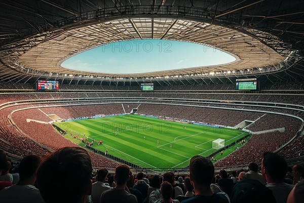 A soccer field with a large crowd of people spectators fans watching the game view. The stadium is lit up with bright flood spotlights ready for a match game, AI generated