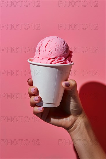 Hand holding pink ice cream in cup. KI generiert, generiert, AI generated