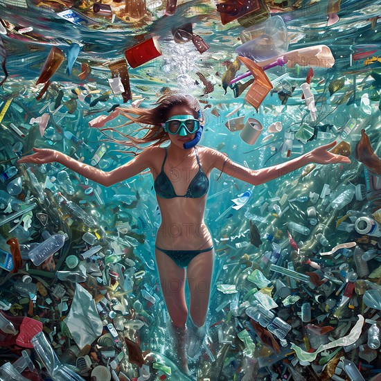 Diver with outstretched arms under water surrounded by rubbish, AI generated