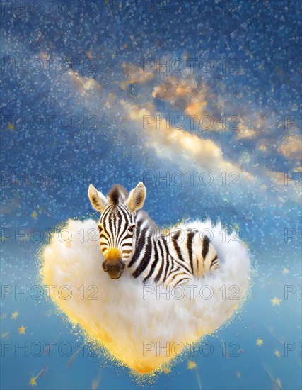 Creative interpretation of a zebra lounging on a soft cloud against a sparkling starry backdrop, AI generated