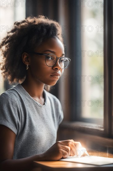Thoughtful girl reading by window light with a reflective gaze, AI generated