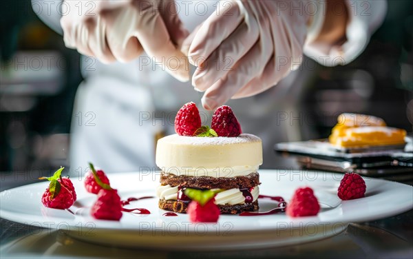 Chef is decorating a dessert with berries and other delicious additions of sweets and whipped cream, AI generated