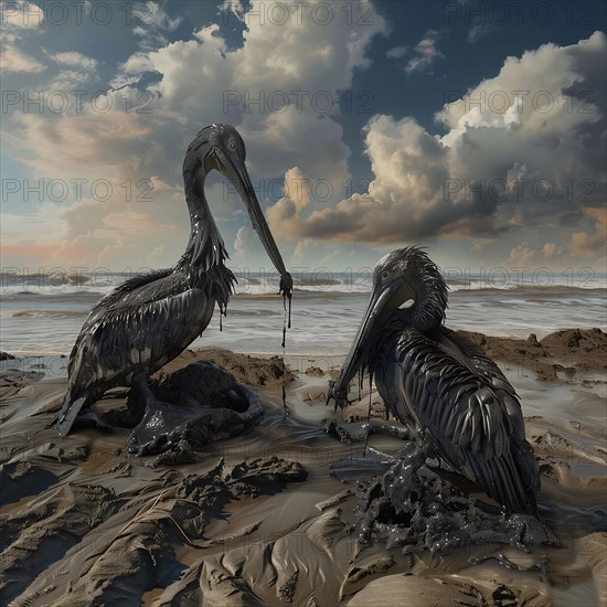 Two Birds trapped in oil appear to interact with each other on the polluted beach, AI generates, AI generated