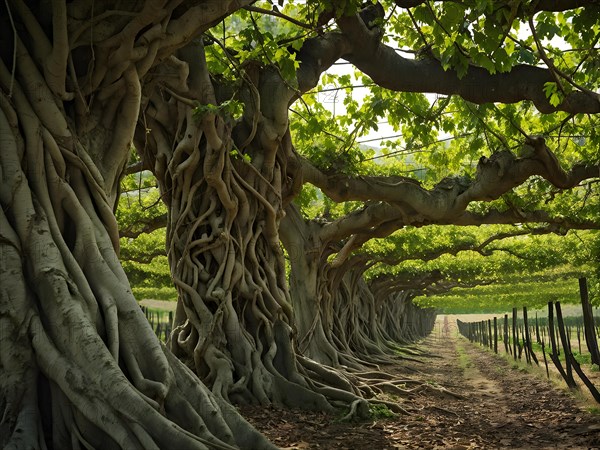 AI generated ancient weather gnarled trunks twisting skyward in a storied vineyard decades