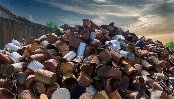 Symbol photo, waste, a large quantity of empty open rusted tinplate cans on a heap, AI generated, AI generated