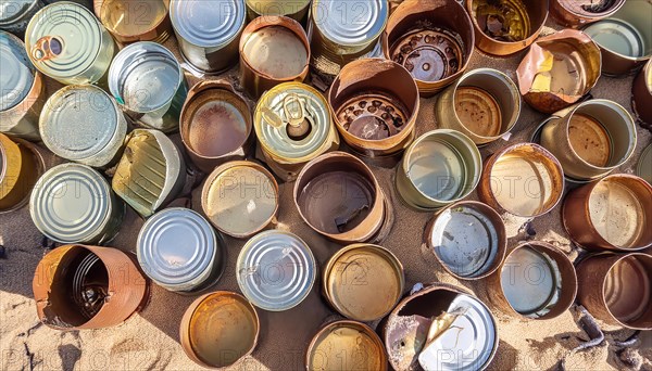 Symbol photo, many empty tin cans, partly crushed, rusty, dirty, lying on the beach, waste, AI generated, AI generated