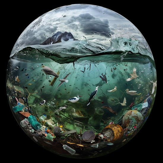 Plastic pollution in the ocean, depicted in a sphere under water, environmental pollution, environmental protection, AI generated