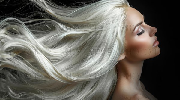 A blonde woman model with long silver hair is posing in front of a white background, AI generated