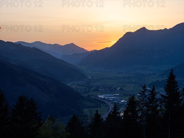 Sunset over the Liesingtal, in the valley the village Kraubath, Schoberpass federal road, view from the lowland, Leoben, Styria, Austria, Europe