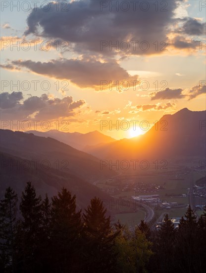 Sunset over the Liesingtal, in the evening light the village Kraubath, Schoberpass federal road, view from the lowlands, Leoben, Styria, Austria, Europe