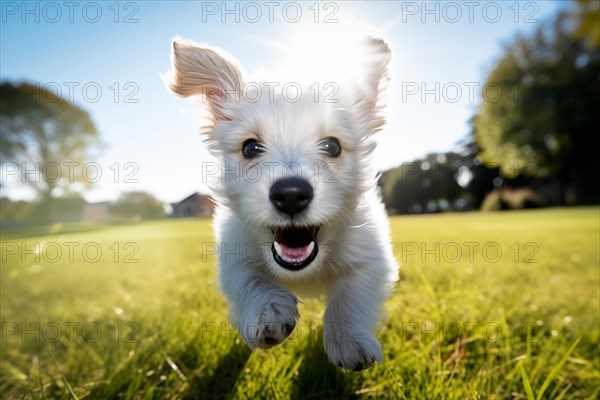 Playful white puppy with fluffy fur is captured mid-run, running playing enjoying a sunny day outdoors, AI generated