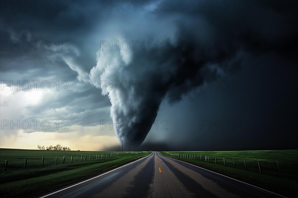 Disaster catastrophe storm concept, tornado in a field in the USA with road in field under stormy dark sky, AI generated