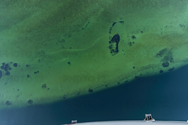 Zeppelin flight over Lake Constance, shore area with turquoise-coloured water, Friedrichshafen, Baden-Wuerttemberg, Germany, Europe